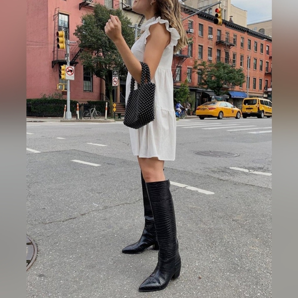 Franco Sarto Shannon Knee High Black Leather Crocodile Boots 7.5 Pointed Toe